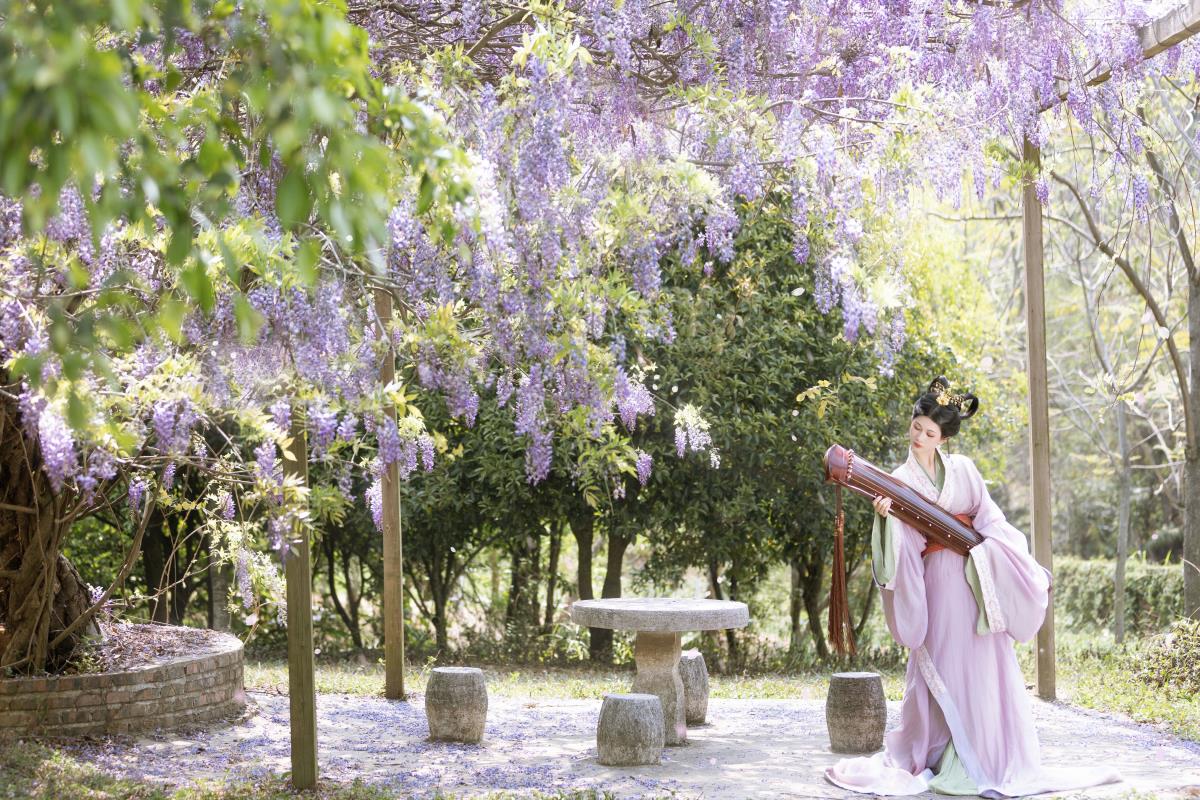 藤下记：青石阶前影半斜，浮光碎玉叠藤花插图