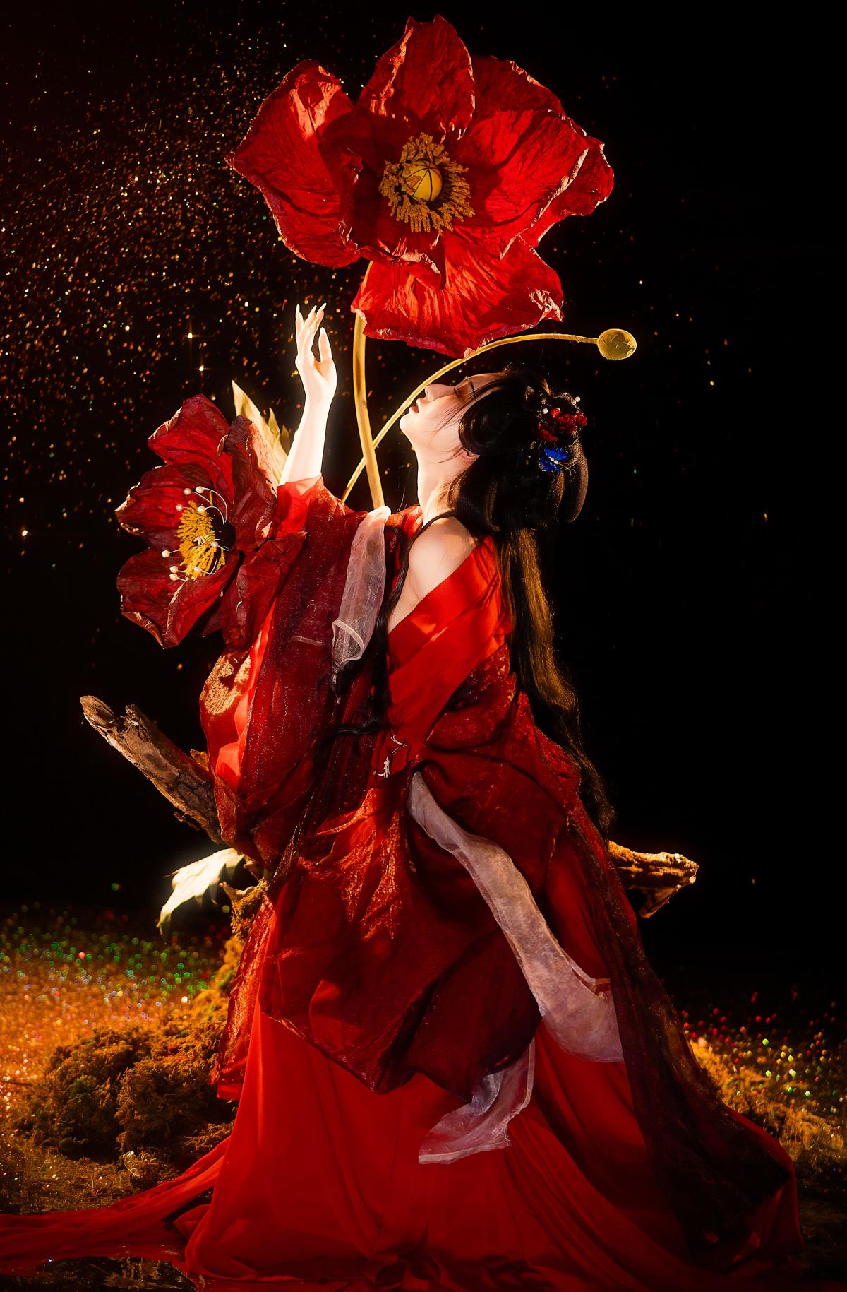 虞美人：落花风前舞，黄昏雨相伴，庭院残红间游丝袅晴空