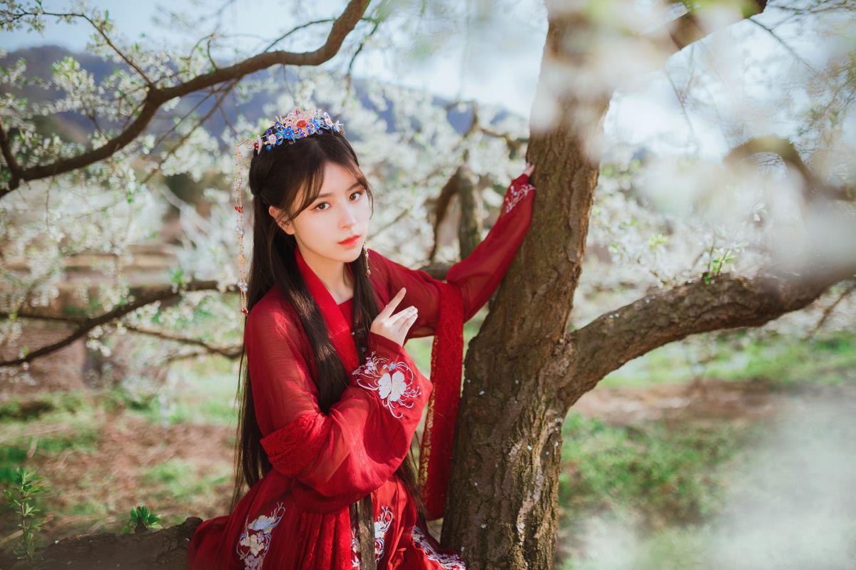 知花事：何须浅碧深红色，自是花中第一流，邂逅古风汉服美人与红色韵致