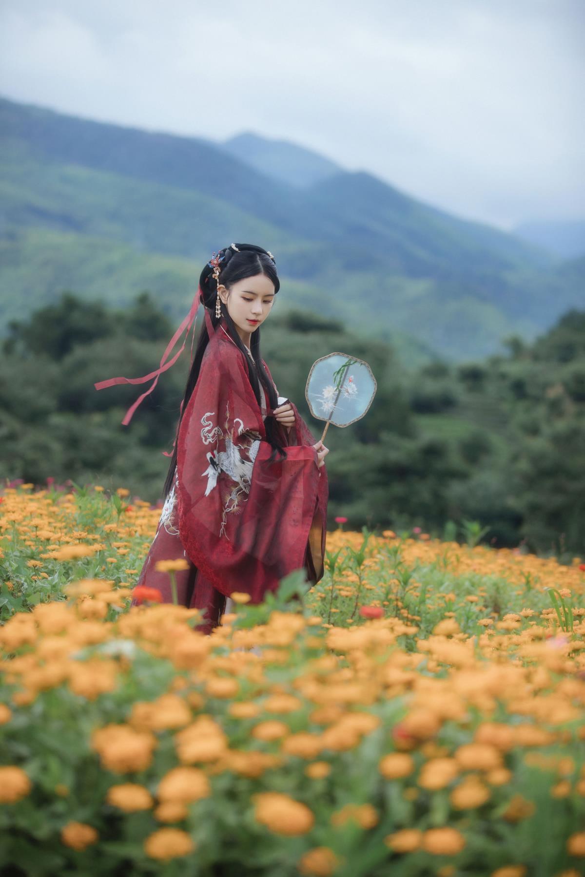 羽衣仙于鹤唳九霄间羽化登仙，邂逅古风汉服美人于花海